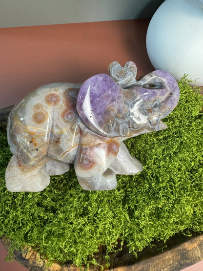 Large Elephant Carving - Amethyst, Quartz, and Mexican Crazy Lace Agate Mix