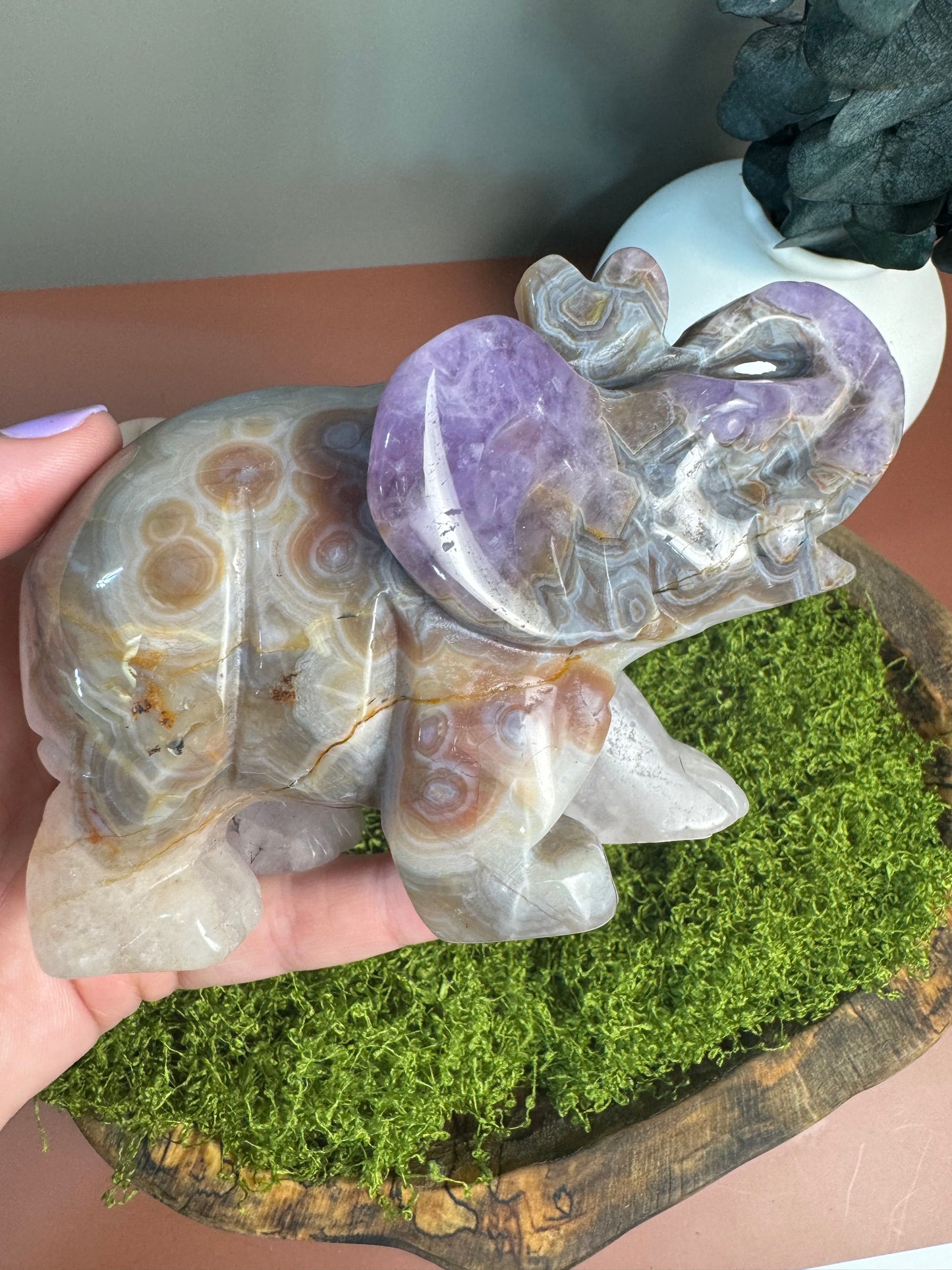 Large Elephant Carving - Amethyst, Quartz, and Mexican Crazy Lace Agate Mix