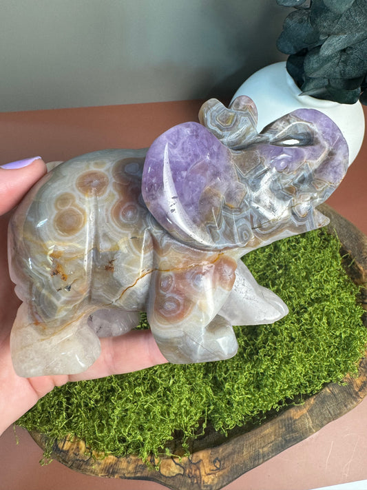 Large Elephant Carving - Amethyst, Quartz, and Mexican Crazy Lace Agate Mix